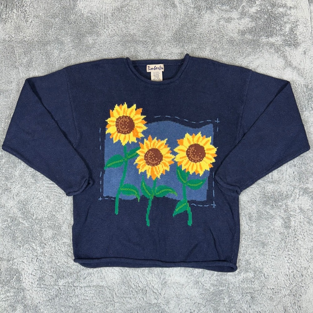 TimberLea Vintage Sunflower Knit Sweater Navy Blue Ramie Cotton Women Medium 90s